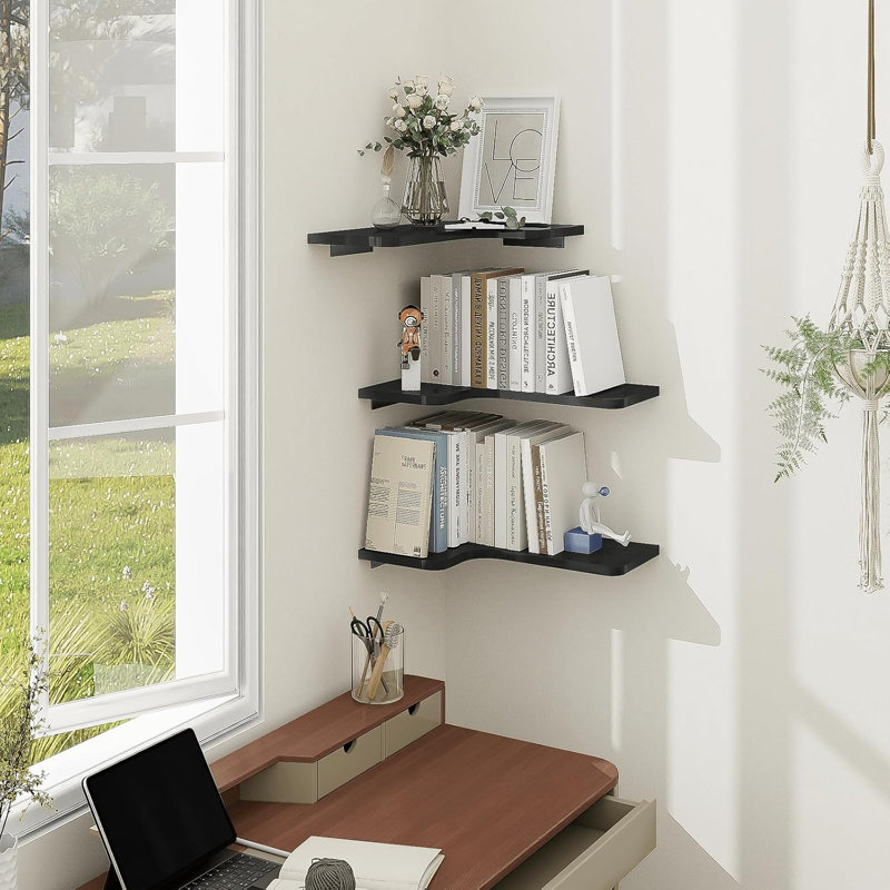Floating Corner Shelves Set Of 3, Wall Mounted L-Shaped Display Shelves With Cord Hole, Space Saving Wooden Shelves For Bathroom Kitchen Living Room