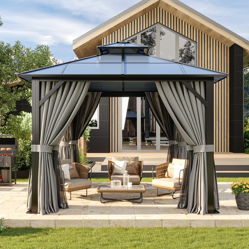 10' X 10' Hardtop Gazebo With Double Roof, Polycarbonate Outdoor Gazebo With Curtains & Netting, Aluminum Frame Permanent Patio Shelter For Backyard, Deck, Poolside