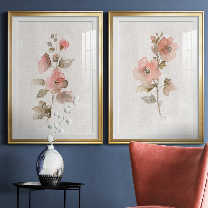 «Blush Sweetly I», ensemble de 2 reproductions d'art, H 26,5 po x l 73 po x P 1,5 po, Papier encadré doré, Blanc