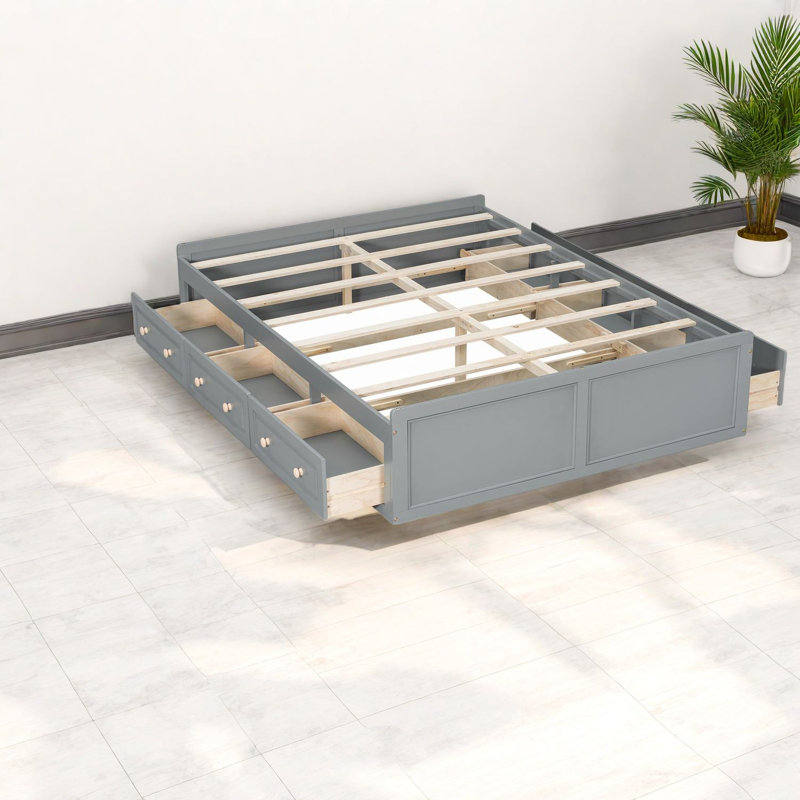 Sturdy Gray Wood Queen Size Platform Bed With Storage