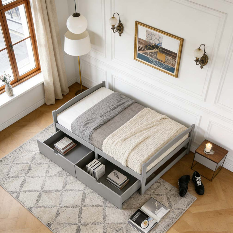 Lit plateforme simple avec deux tiroirs, Gris