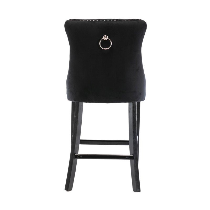Black Velvet Upholstered Bar Stools with Wood Legs, Set of 4