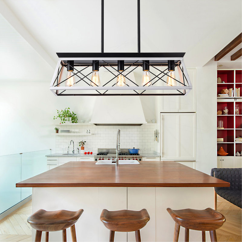 Lustre suspendu industriel noir et blanc de 32 po à 5 lumières, cage moderne en métal, luminaire suspendu réglable pour la salle à manger