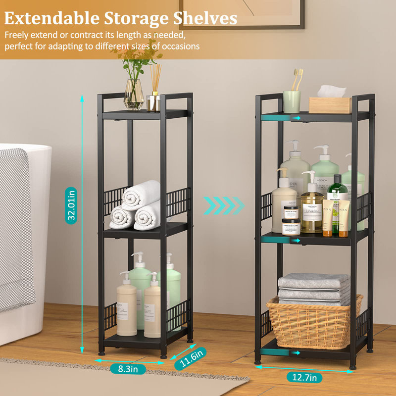 3-Tier Metal Shelving Unit, Expandable, Free-Standing, Narrow, Open Floor Shelves, Ideal For Bathroom, Kitchen, Laundry, Storage, Organization