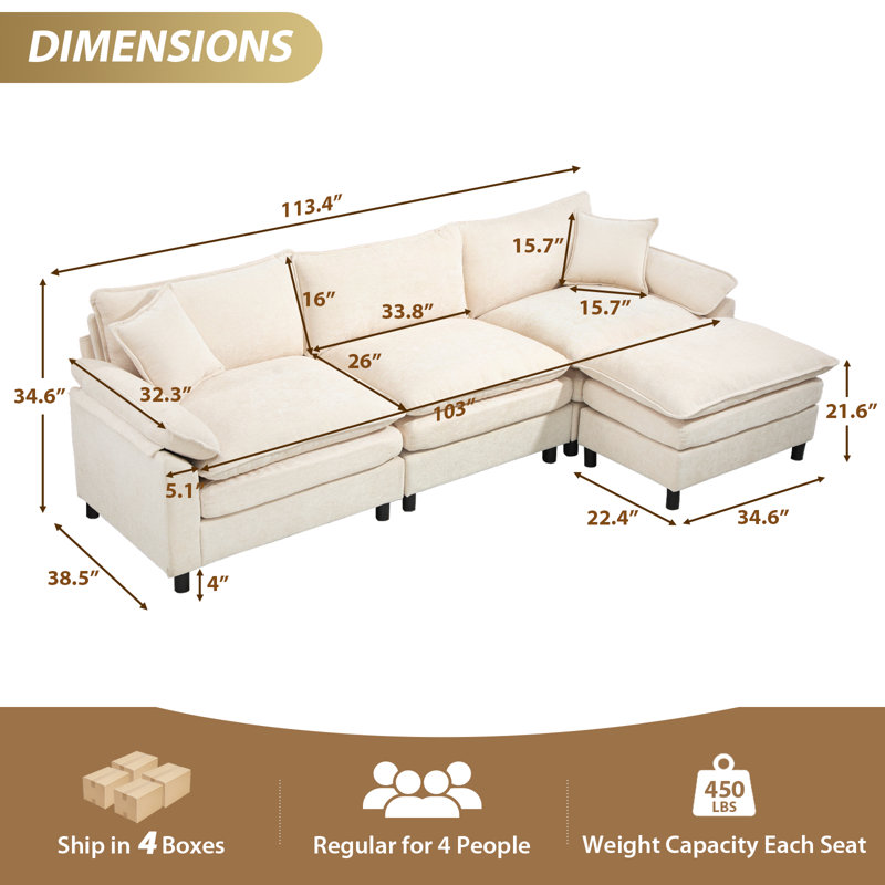 Canapé modulaire rembourré en L avec repose-pieds, Chenille beige, H 34,6 po x l 111,8 po x P 57,8 po