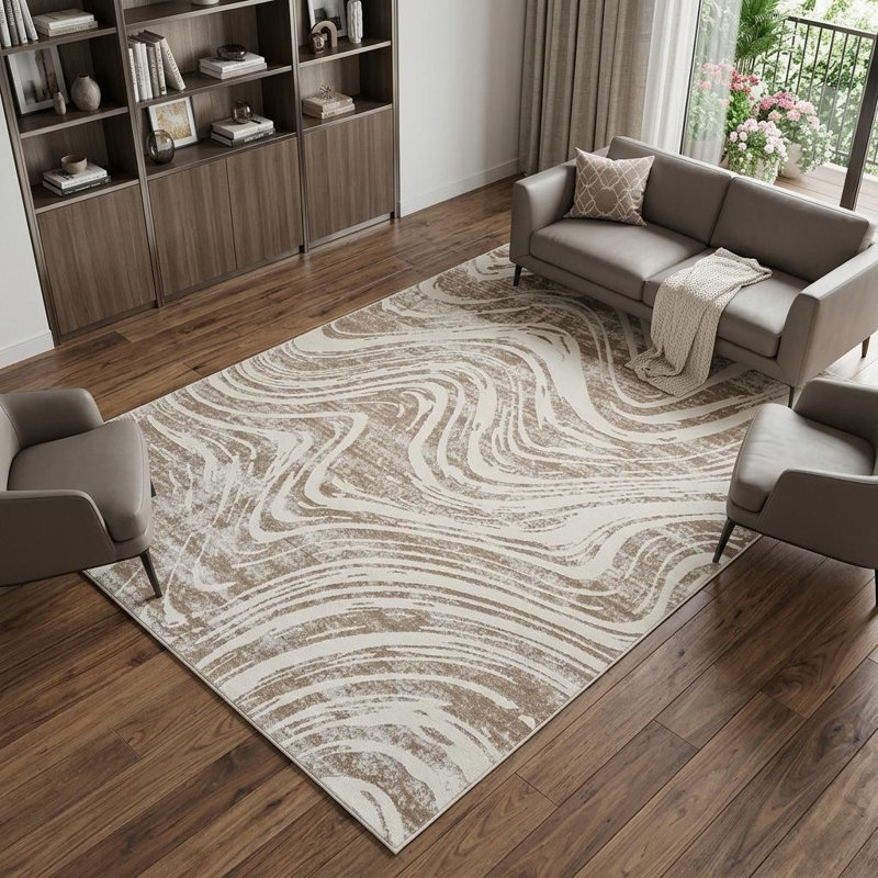 Tapis abstrait beige et brun 7 pi x 10 pi