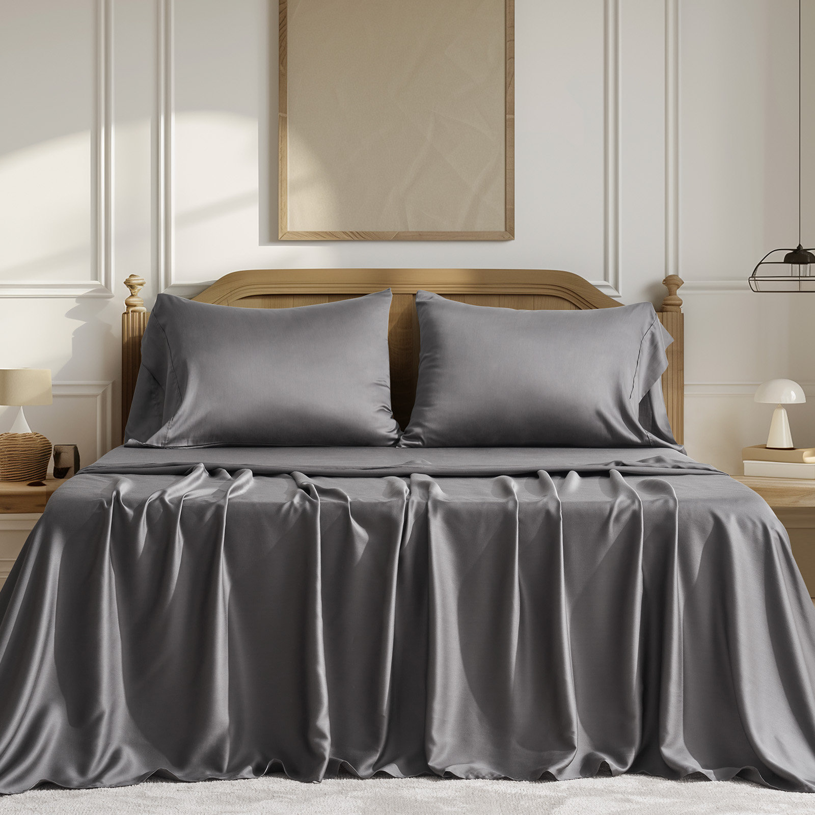 Tencel Sheet Set 4 Pieces, Charcoal Gray, King Sheet Set + 1 Fitted Sheet + 2  Pillowcases