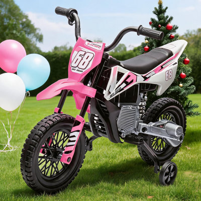 12V Kids Motorcycle with Training Wheels, Bluetooth Music, Electric Dirt Bike for Kids, Twist Grip Throttle, Max Speed 3 MPH, Children Ride Motorcycle, Spring Suspension, Suitable for 3-8 Years Olds