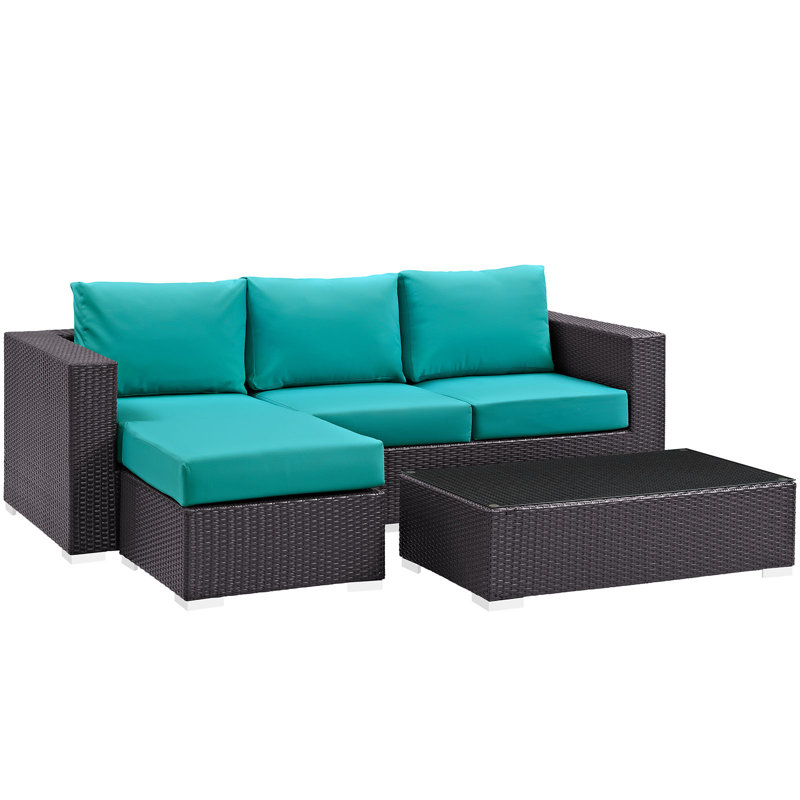 Convene 3 Piece Rattan Sectional Seating Group with Cushions, Turquoise