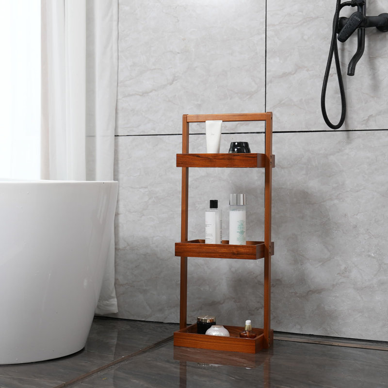 Coin de chariot de douche en teck, tablette de rangement de douche à 3 niveaux avec poignée, panier de rangement en bois