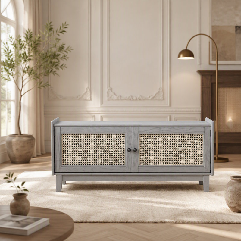 Banc d'entrée en rotin avec rangement Boho, banc à chaussures rembourré avec portes doubles, banc de rangement en bois, Beige