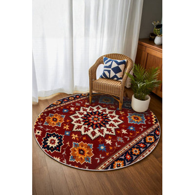 Floral Harmony Collection Digital Print Cotton-Polyester Blend Rug – Red & Floral Pattern