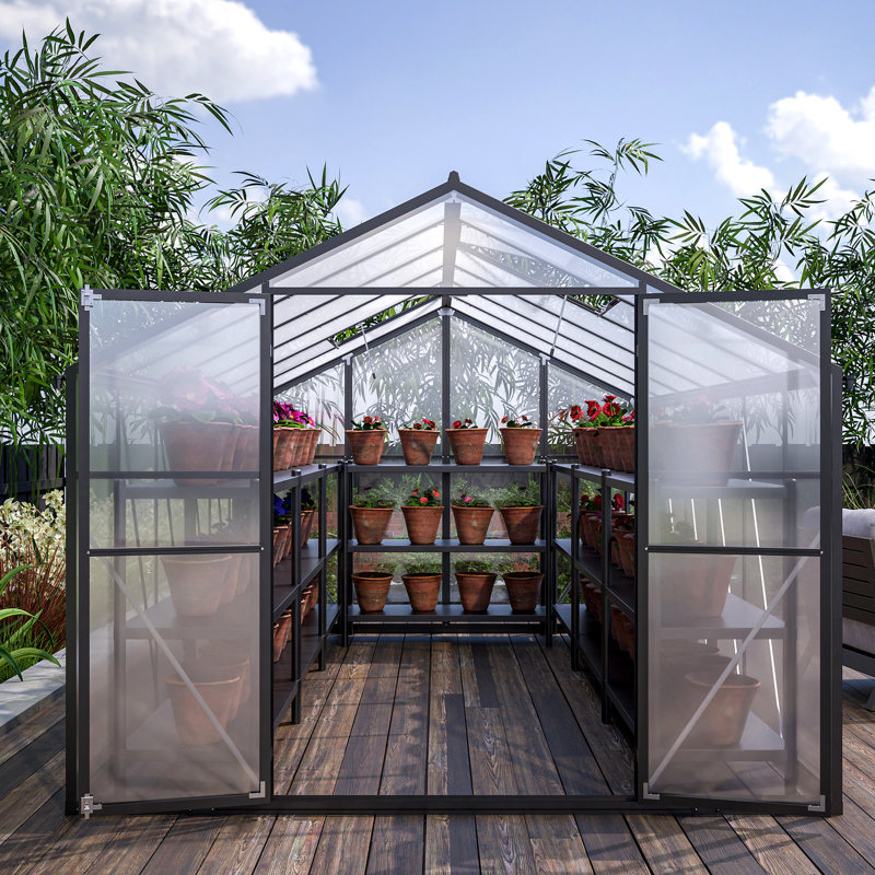 Serre en polycarbonate de 87,42 po avec ventilation et utilisation efficace de l'espace pour les portes doubles de jardin et les deux fenêtres