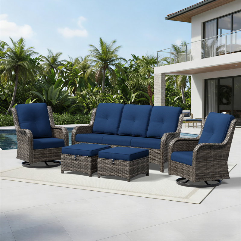 Ensemble de conversation pour 5 personnes avec coussins, Bleu