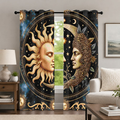 2Pcs Sun and Moon Pattern Curtains, Mystical Celestial Style Curtain, Artistic Galaxy Print Grommet Drapes, Window Treatment for Bedroom Living Room Decor