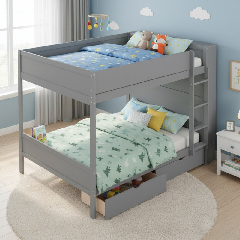 Lit superposé double au-dessus de double en bois massif avec 2 tiroirs et armoire multicouche pour la chambre à coucher, Gris