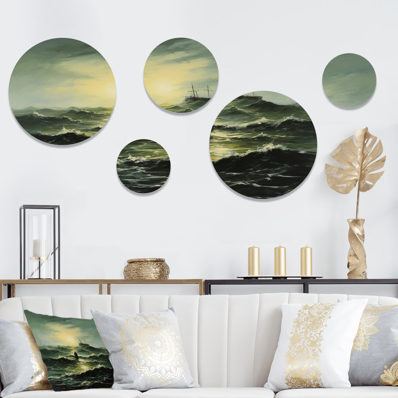 «Dancing Waves At Sunset» - ensemble d'art mural rond de 5 vagues