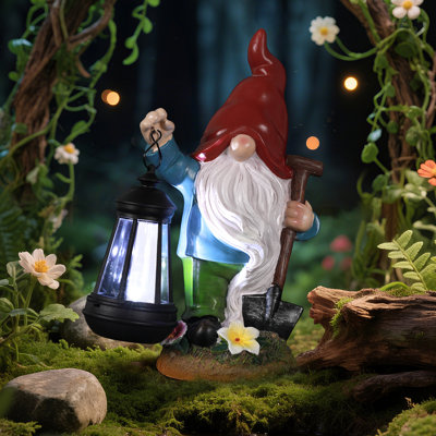 Solar Powered Garden Gnome Outdoor Statue, Using Shovel Gnome Statue And Lantern Led Lights