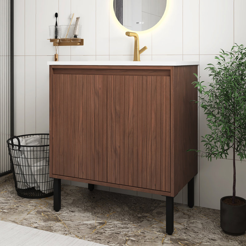 Meuble-lavabo moderne en noyer de 30 po avec lavabo en céramique blanc, portes à fermeture douce, structure autoportante pour plus de stabilité