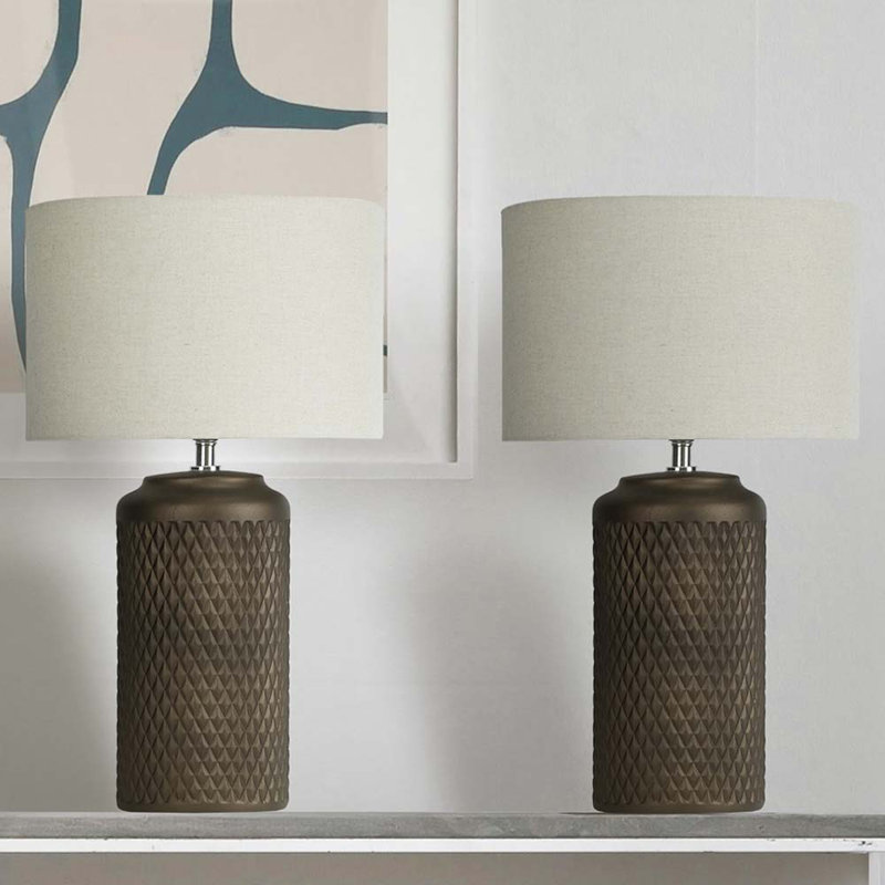 50.5cm Living Room Table Lamp with Ceramic Base, Bedside Buffet Lamp for Bedroom with Linen Shade, Brown Base/White Shade