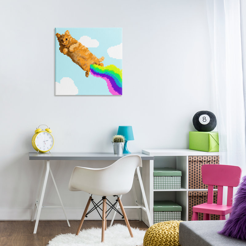 «Flying Rainbow Pixel Cat», art mural sur toile par June Erica Vess, H 24 po x l 24 po