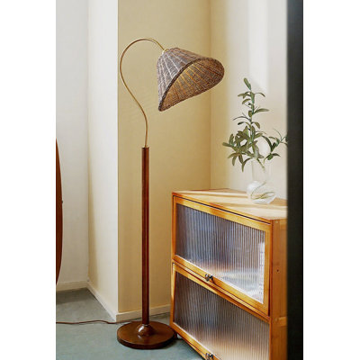 French Vintage-Style Rattan, Wrought Iron Solid Wood Floor Lamp