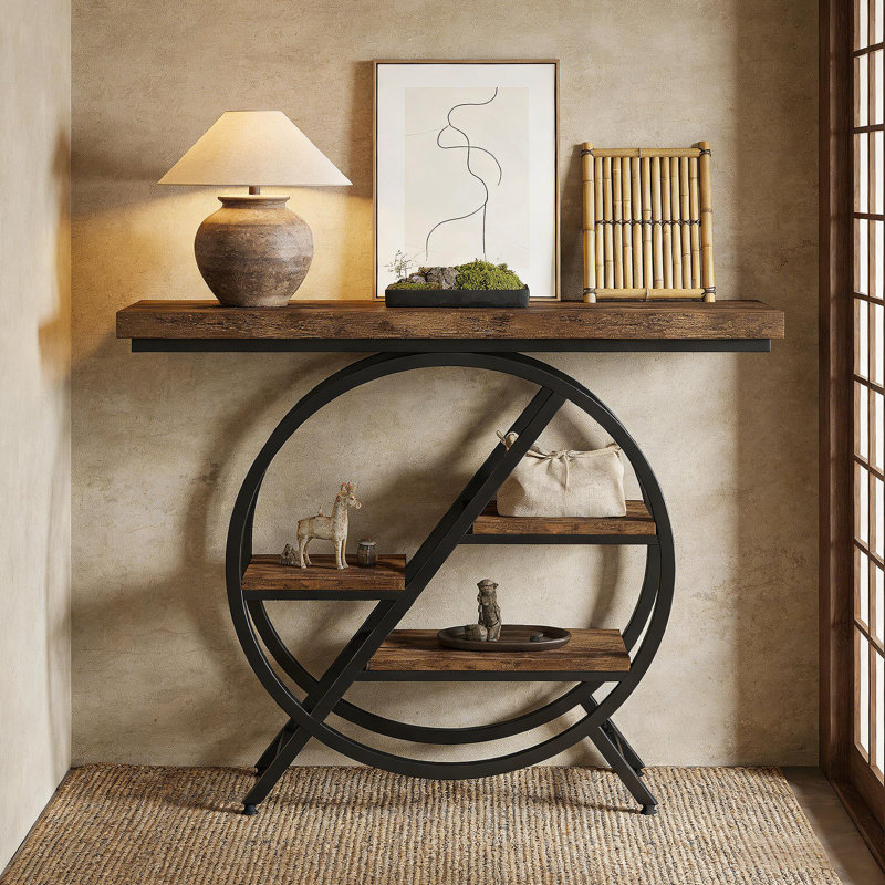 Console chic et fonctionnelle avec tablettes décalées, idéale pour les vestibules modernes et les salons., Brun