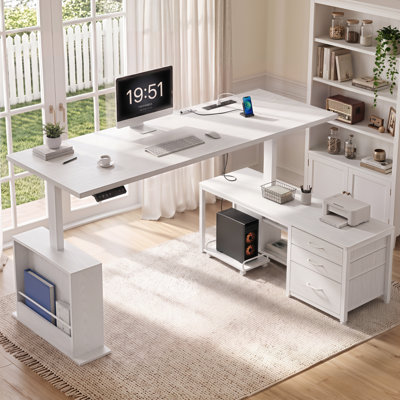 Bureau debout électrique en L de 63 po Aderyn, bureau à hauteur réglable avec prises de courant et 3 tiroirs de rangement