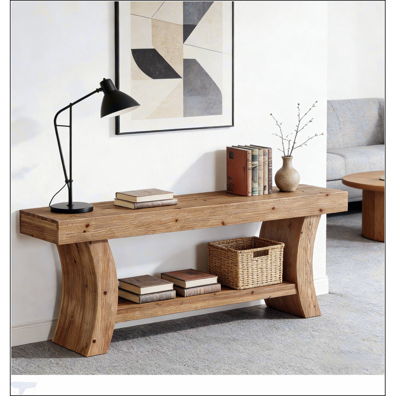 Table de rangement rustique en bois massif avec surfaces en relief, parfaite pour la maison de campagne et les décors modernes.