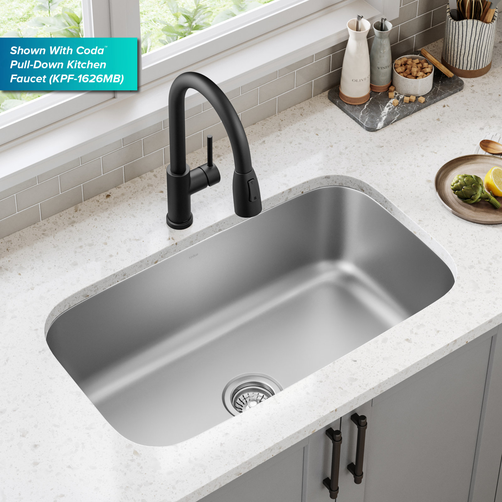 KRAUS Premier Undermount Single Bowl 18-Gauge Stainless Steel Kitchen Sink, 10" H x 31.5" W x 18.38" D