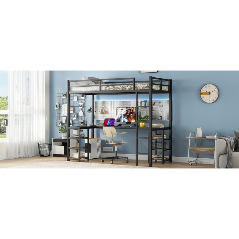 Lit mezzanine avec bureau pour lit simple TG - structure en métal robuste, finition noire et, Noir / brun, Twin XL