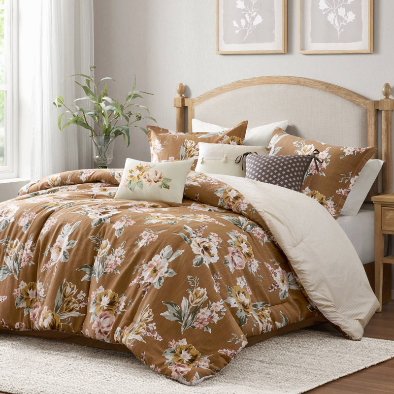 Ensemble de couette réversible en coton à motif floral 7 pièces Vin Terracotta Cal King