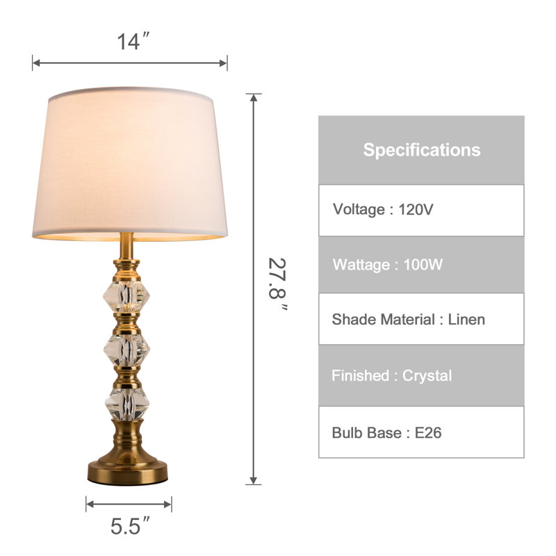 Crystal Table Lamp with Natural White Linen Shade, Vintage Rustic