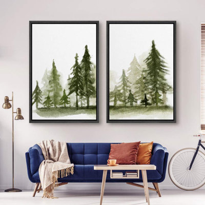Forest Landscape " Watercolor Dark Green Pine Trees Forest Nature Landscape Wall Pictures Modern Art Rustic Decor " 2 - Pieces