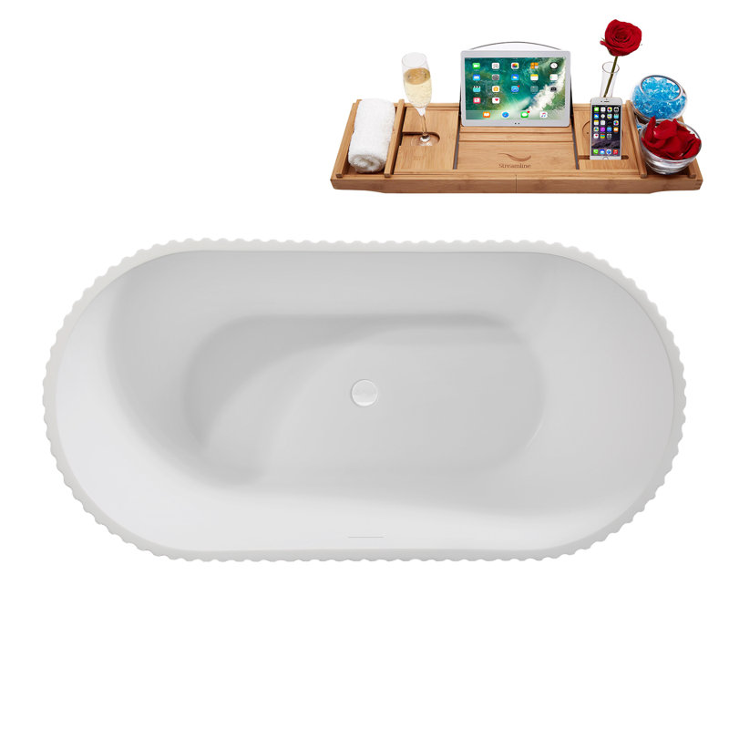 59" Streamline Soaking Matte White Freestanding Tub and Tray With Internal Drain, Glossy White