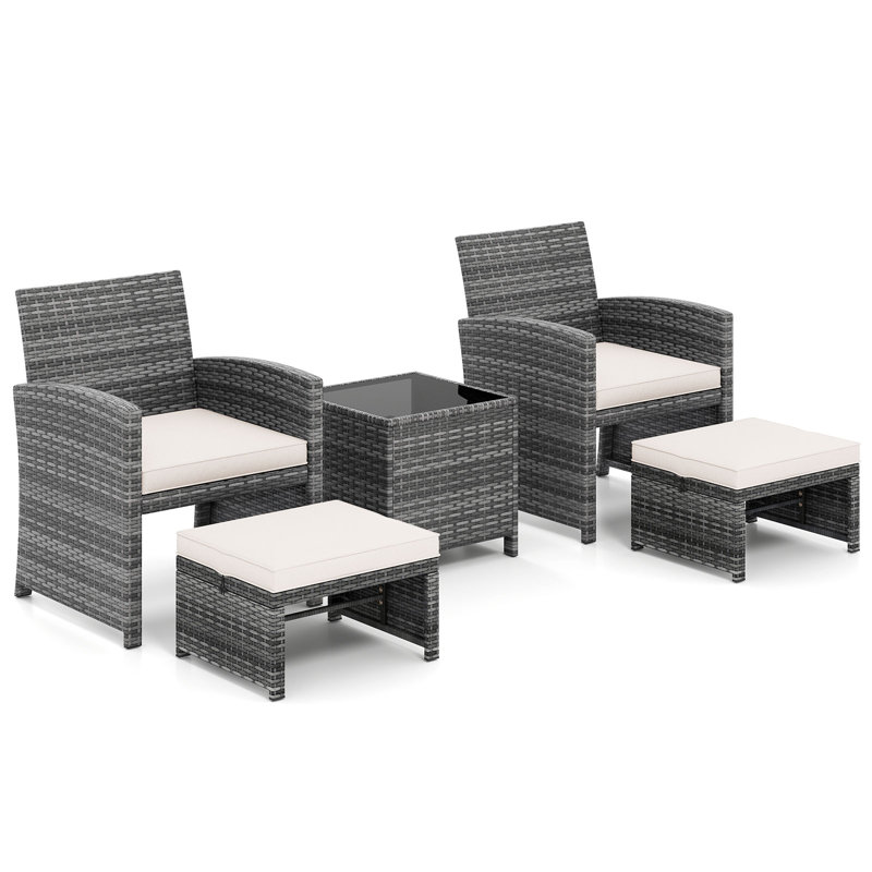 5 Pieces Patio Furniture Set PE Wicker Lounge Chairs w/ 2 Ottomans Outdoor, White