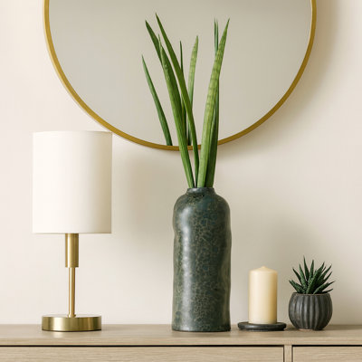 Contemporary Glaze Pottery Flower Vase Accent for Table Decor - Modern Tall Vase for Bedroom and Living Room Styling - Green & Gold