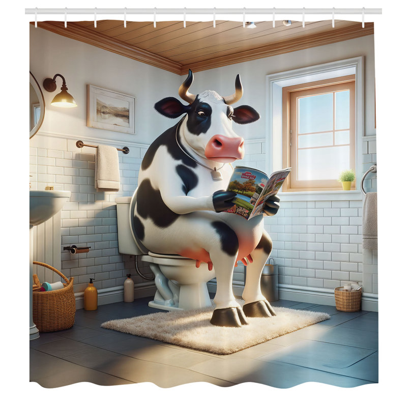 Whimsical Cow Reading Newspaper Fabric Shower Curtain with Hooks