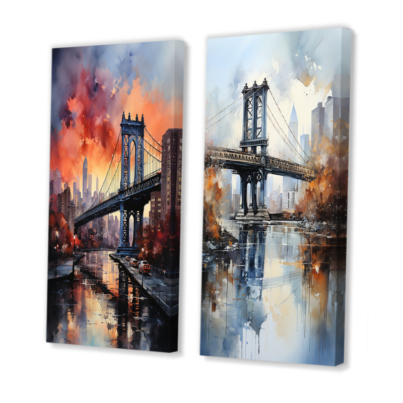 «Coral Bridge Urban Silhouettes», 2 pièces sur toile, Toile tendue, H 40 po x l 40 po