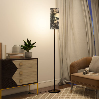  68.5" Standing Floor Lamp Gothic Skull Floral Garden Seamless Vintage Botanical Art Dimmable Metal Pole Lamp with Linen Lampshade LED Bulb Included