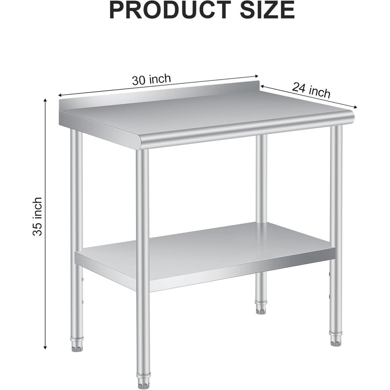 Table en acier inoxydable pour la préparation et le travail avec dosseret, table commerciale robuste avec tablette réglable