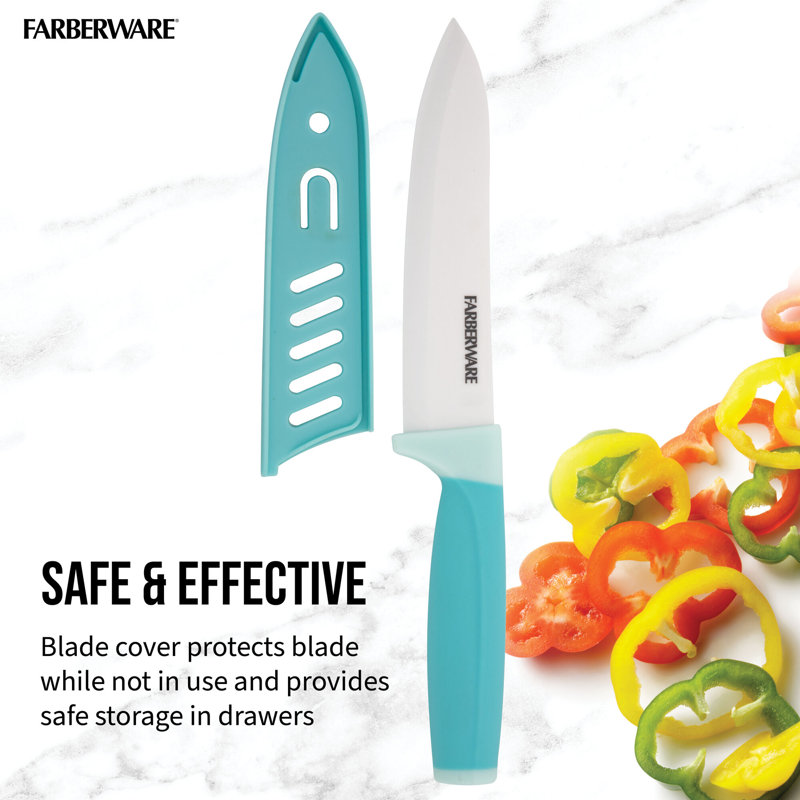 Farberware 5-Inch Ceramic Utility Knife with Blade Cover, Aqua