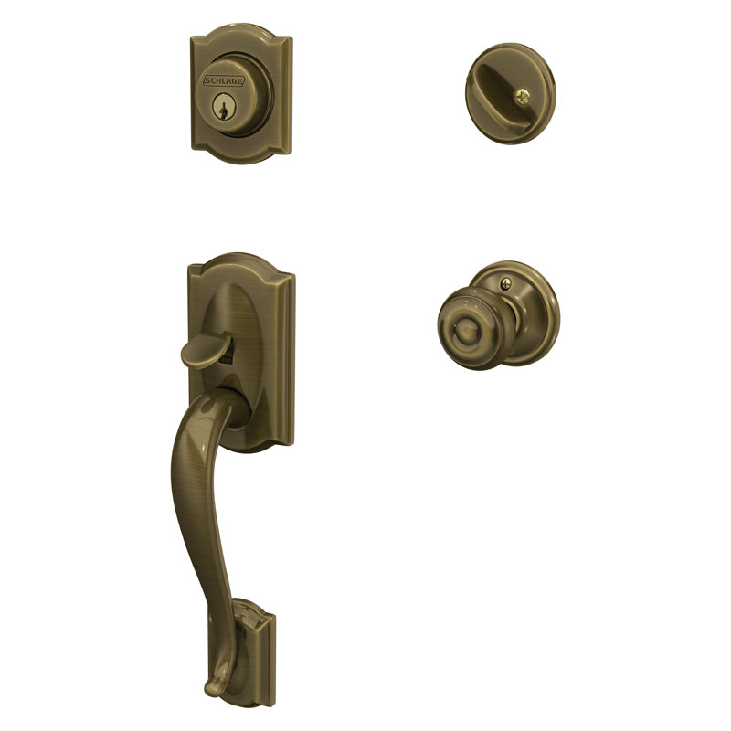 Camelot Handleset with Single Cylinder Deadbolt and Georgian Door Knob and Rosette, Antique Brass, Keyed Alike, Yes