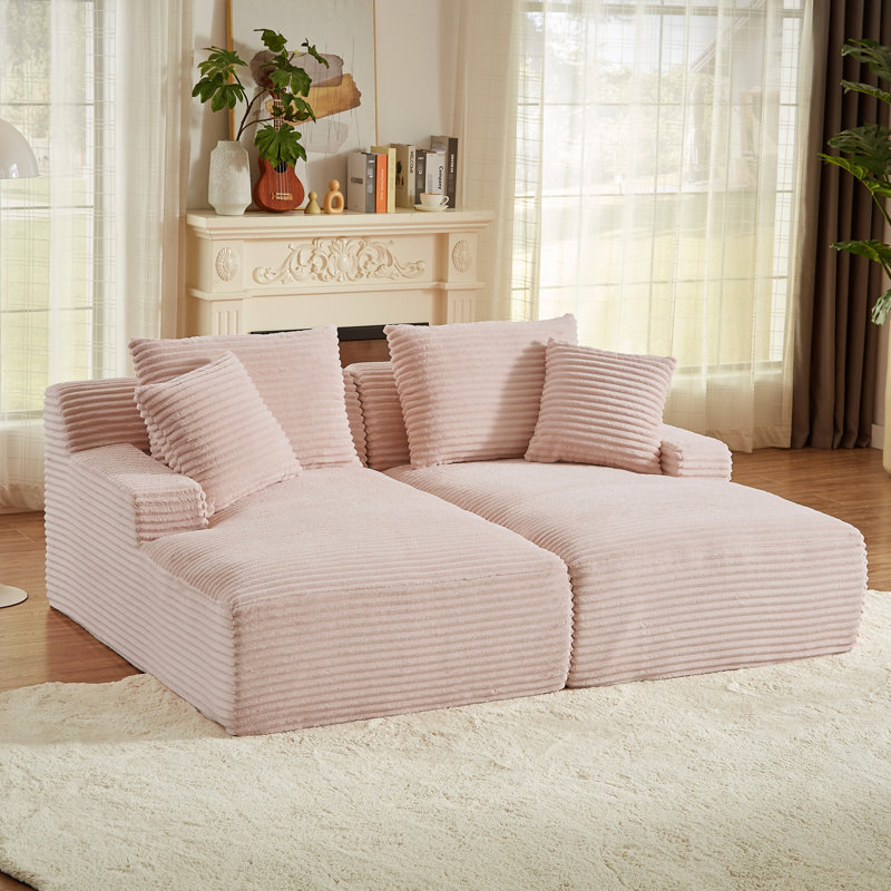 Chaise longue double en velours côtelé rose avec rembourrage à ressort pour la chambre à coucher sans assemblage requis, Pink