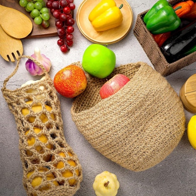 4 Pcs Hanging Basket, Jute Hanging Baskets For Kitchen, Boho Onion Wall Basket, Handwoven Fruit Potato Garlic Storage Home Vegetable Holder