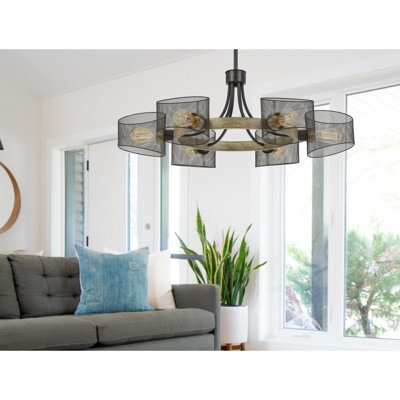 Lustre en métal et bois 6 lumières avec abat-jour en maille Dronten