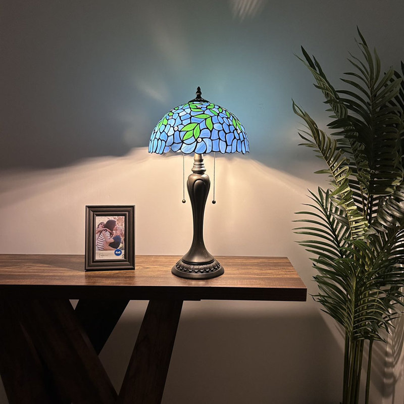 Hallmar Tiffany Table Lamp Blue Stained Glass Green Leaves Included LED Bulbs 22" H*12"W