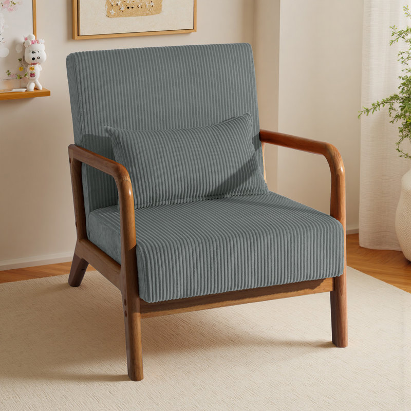 Fauteuil d'appoint Jyrin Mid Century, Velours côtelé gris, Bois brun foncé