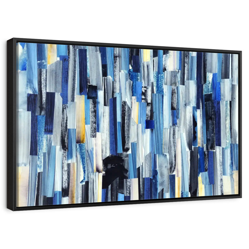 Rayé bleu abstrait, 46 po x 31 po, Cadre flottant noir