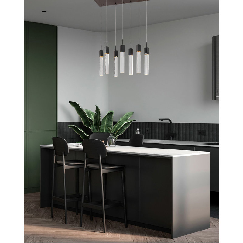 7-Light Matte Black Island Lighting With A Clear Bubble Crystal